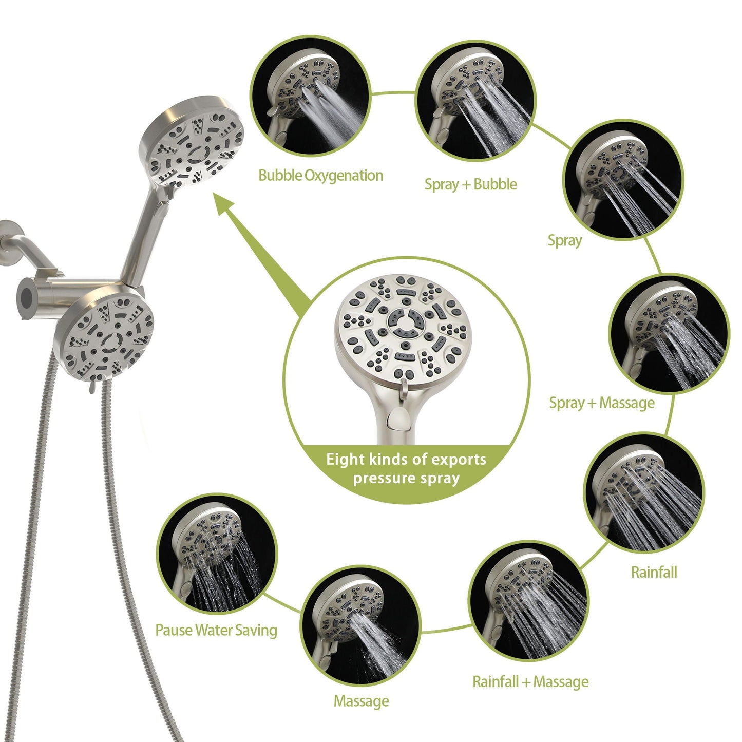 Multi Function Dual Shower Head 4.7" Rain Showerhead & 8 Function Hand Shower System - Brushed Nickel