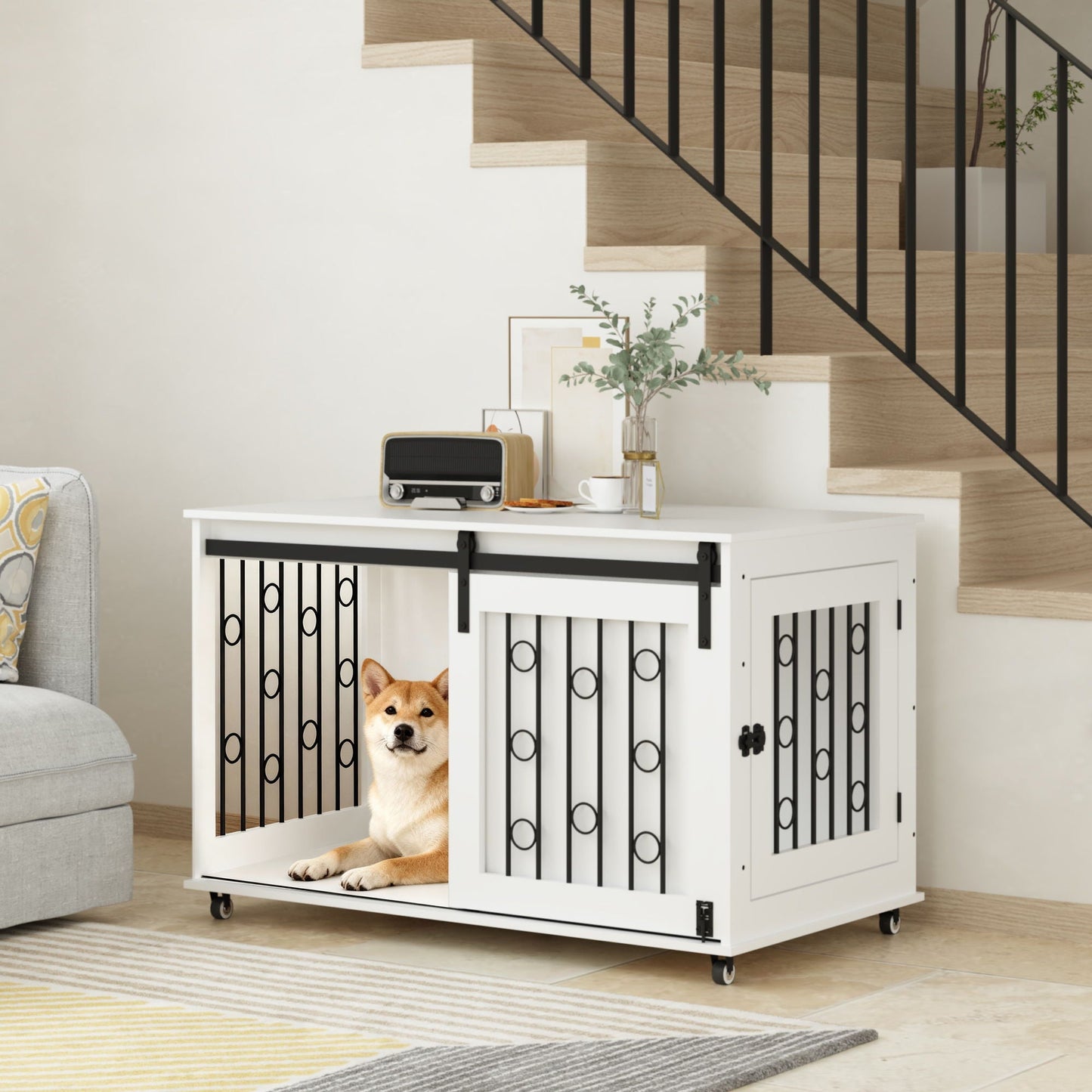Dog Crate With Sliding Barn Door and Side Access, Lockable Wheels for Small to Medium Dogs - White