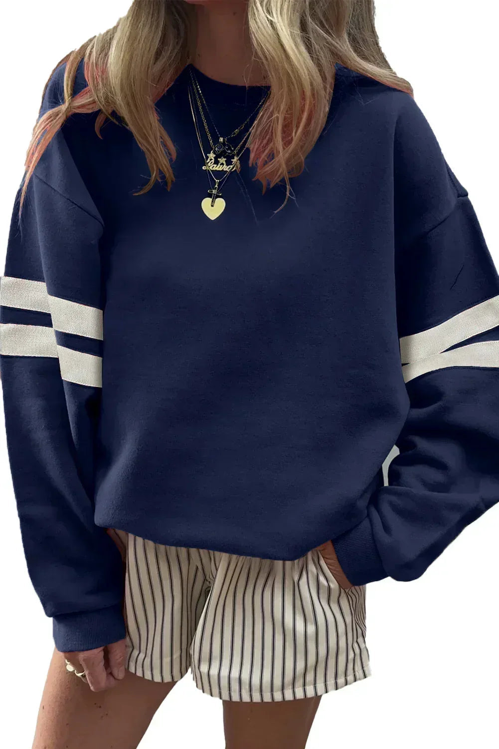 Fiery Red Striped Sleeve Loose Fit Sweatshirt - Femstylo