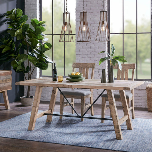 Rustic Dining Table with Metal Support in Natural Pine Wood Finish