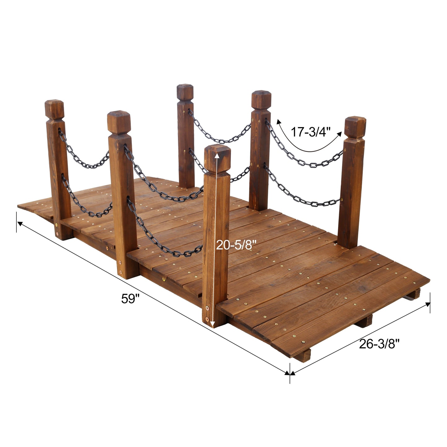 5 Ft Wooden Garden Bridge, Stained Wood Arc Footbridge with Chain Railings