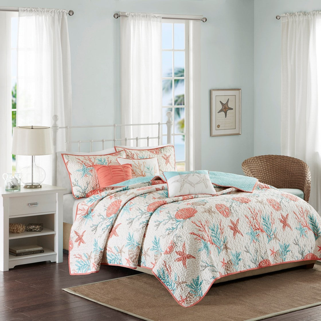 6 Piece Cotton Sateen Quilt Set with Throw Pillows - Coral King King/Cal King
