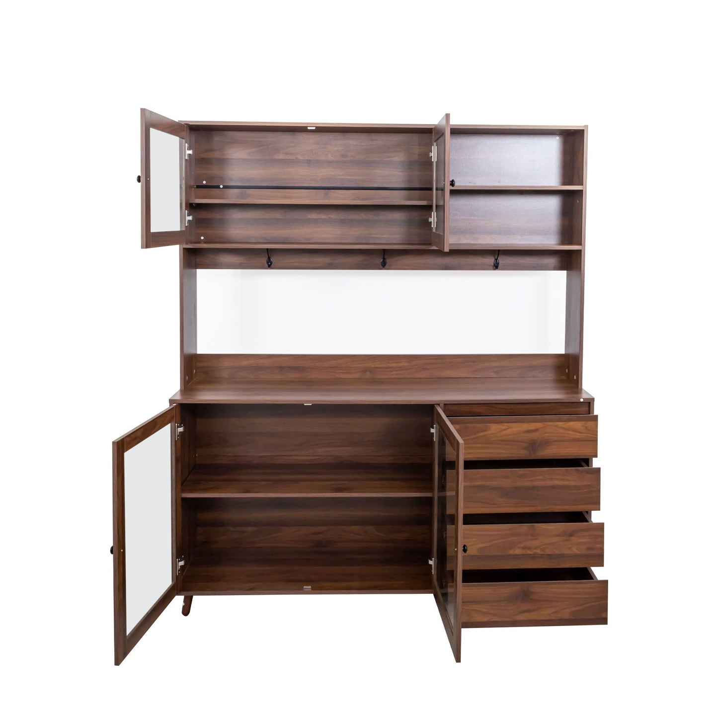 Large Kitchen Hutch Cabinet, Storage Kitchen Cupboard With 4 Doors, 4 Drawers & Microwave Shelf - Walnut