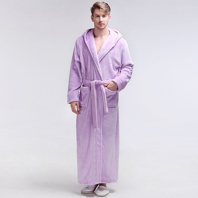 Mens Winter Hooded Thickened Long-Style Nightgown