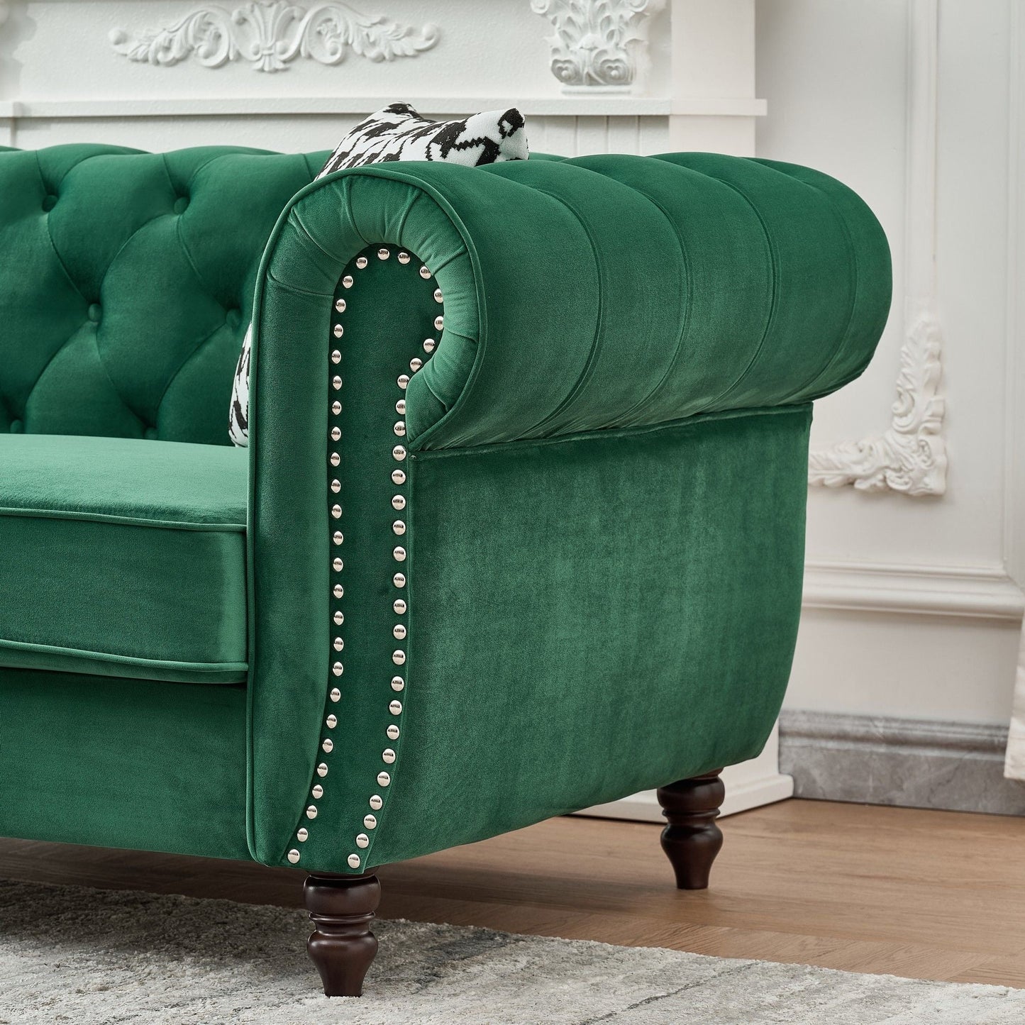 Chesterfield Fabric Sofa With Roll Armrest And Nailhead, Mid Century 2 Seater Couch