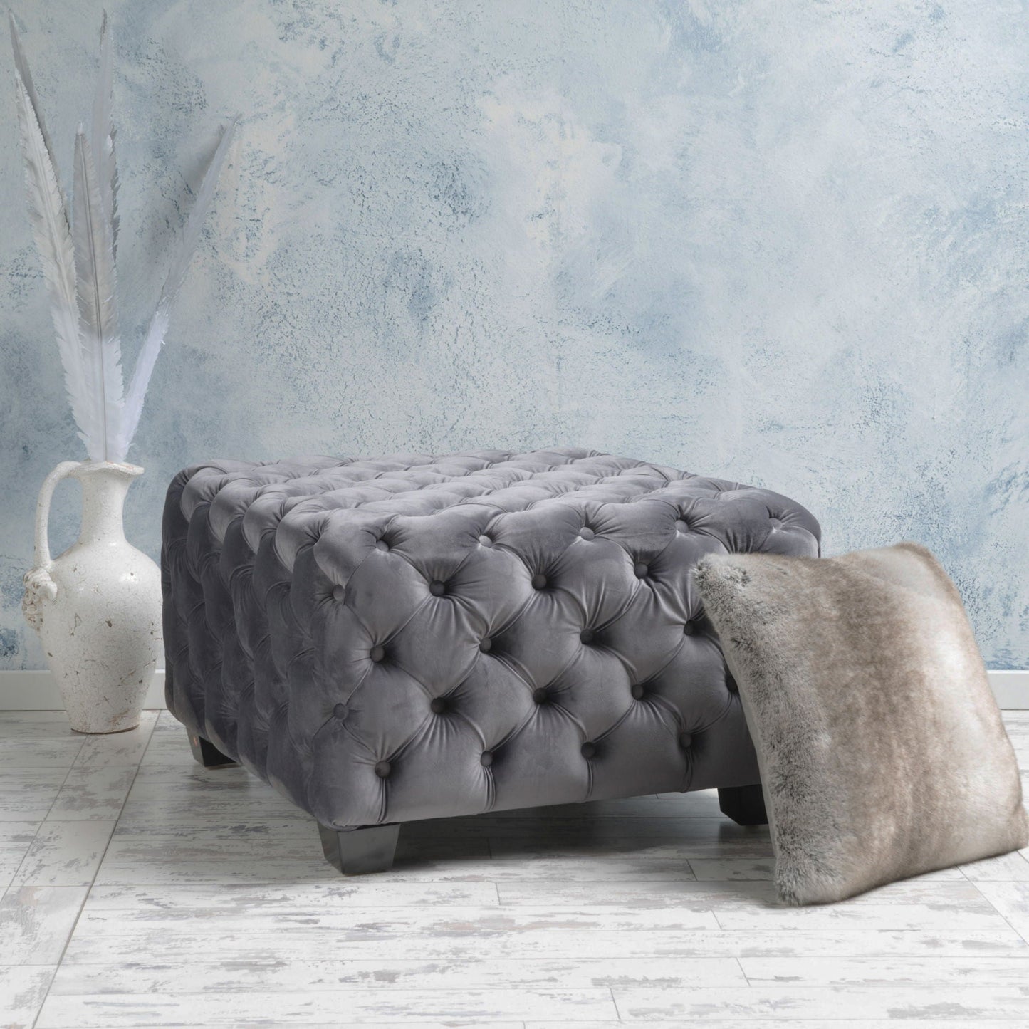 Modern Glam Ottoman with Upholstery and Button Tufted Design