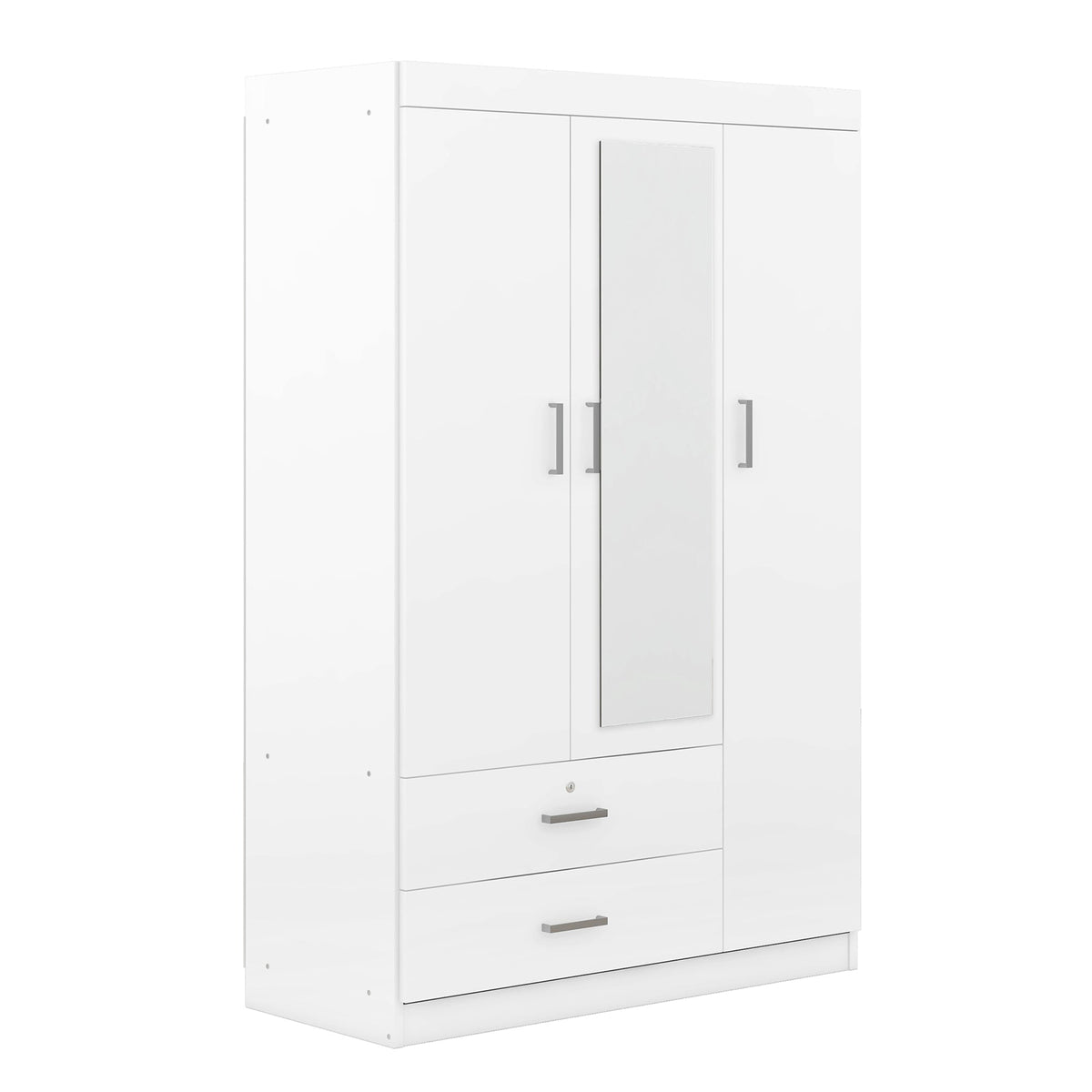 3-Door Mirror Wardrobe with Shelves, White