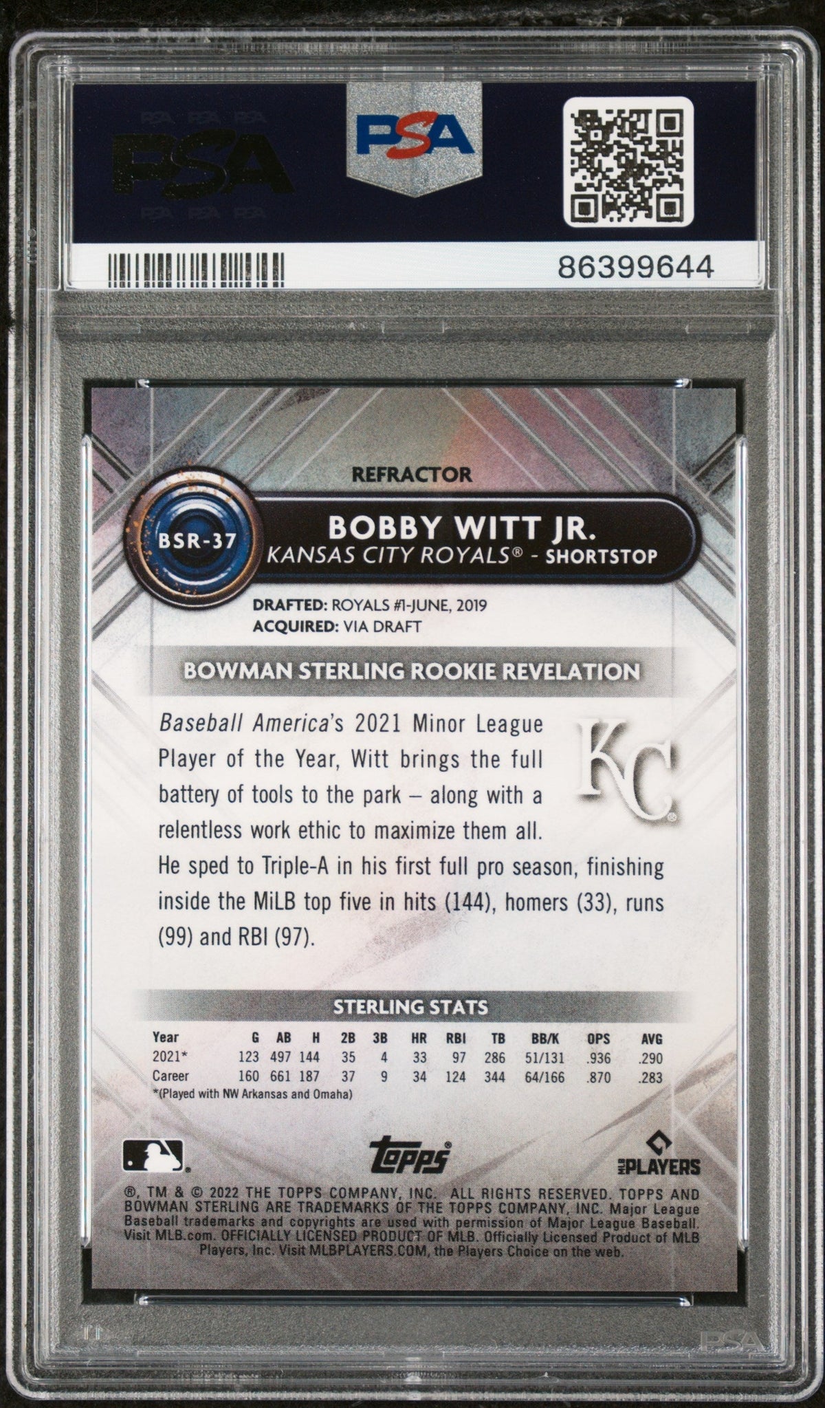 Graded 2022 Topps Bowman Sterling Bobby Witt Jr. #BSR37 Refractor #/199 Rookie RC Baseball Card PSA 10 Gem Mint