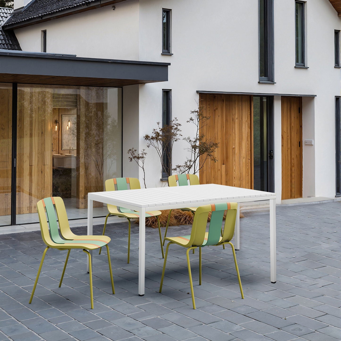 4 Piece Set Of Modern Striped Color- Blocking Single Chairs With Long Table