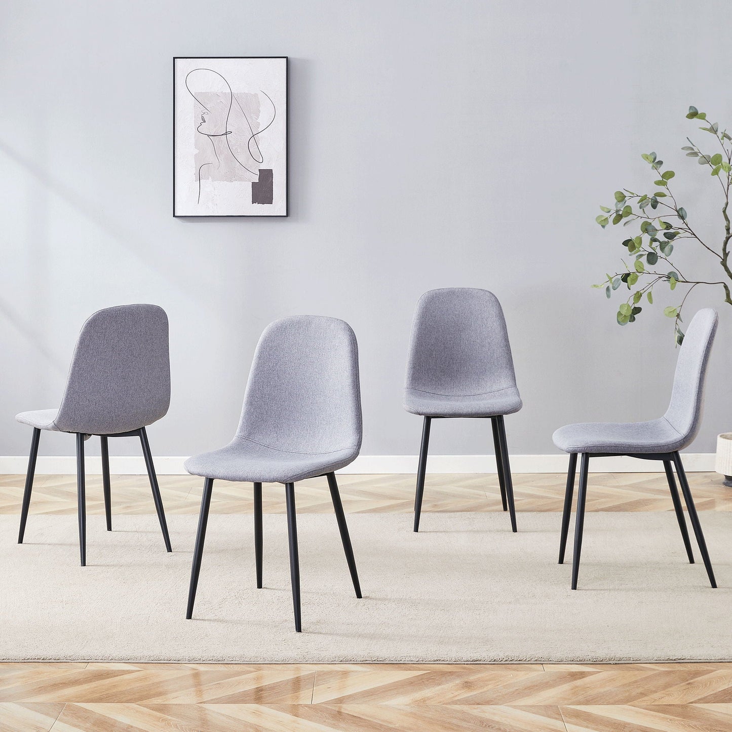 Luxury Simple Chair Linen Cotton High Resilience Dining Chair With Black Metal Legs (Set of 4) - Light Gray