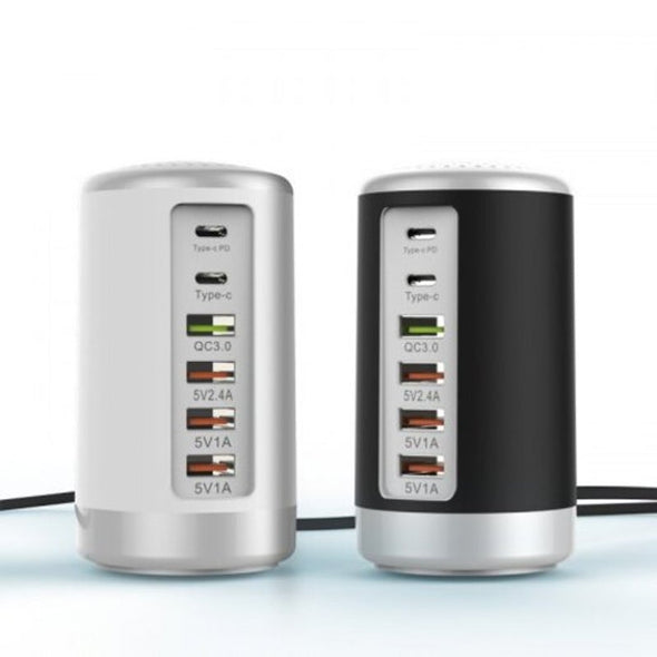 6-Port Cylindrical Fast Charger Hub | 65W USB-C PD & QC3.0 Multi-Device Desktop Charging Station – White