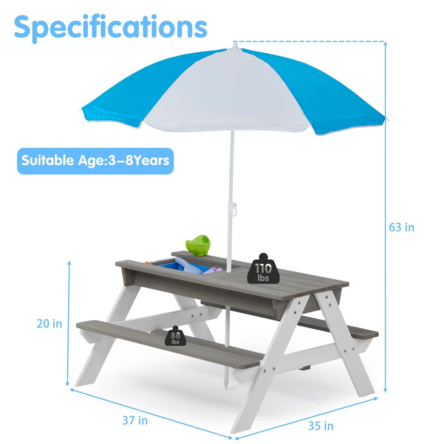 3-In-1 Kids Outdoor Wooden Picnic Table With Umbrella
