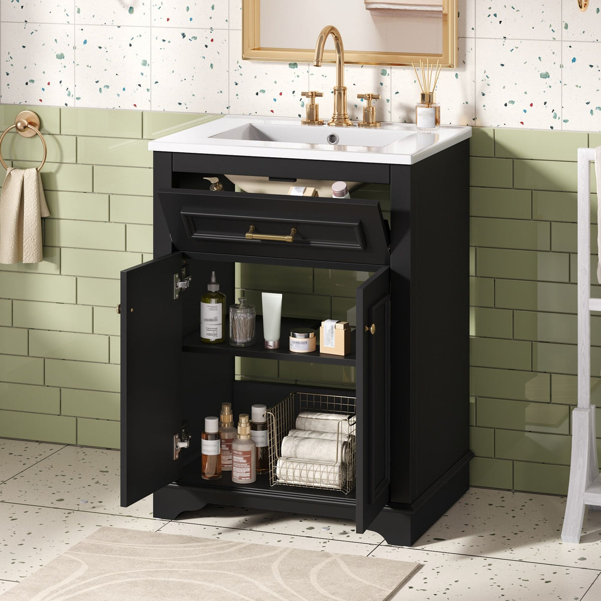 Bathroom Vanity With Integrated Sink, 2 Door Cabinet With Tip Out Drawer