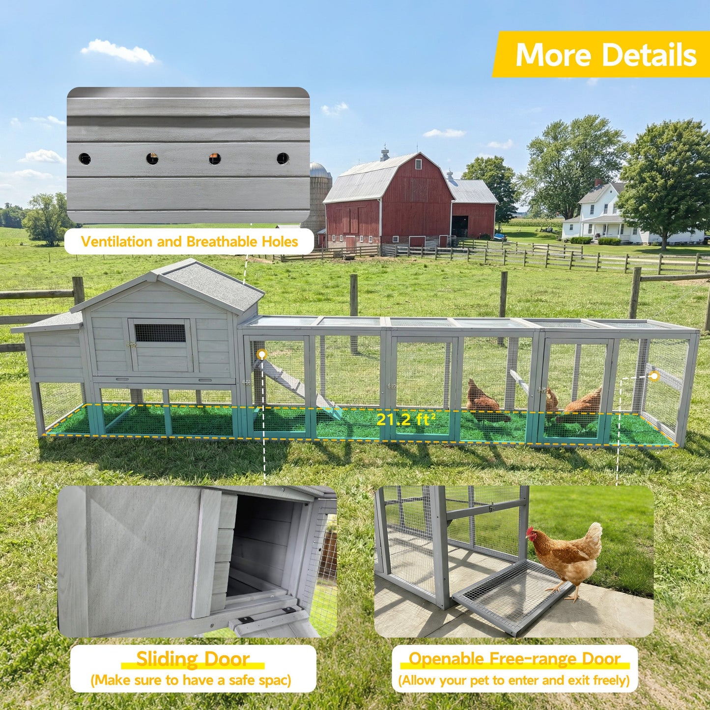 141" Gray Large Wooden Chicken Coop with Nesting Box