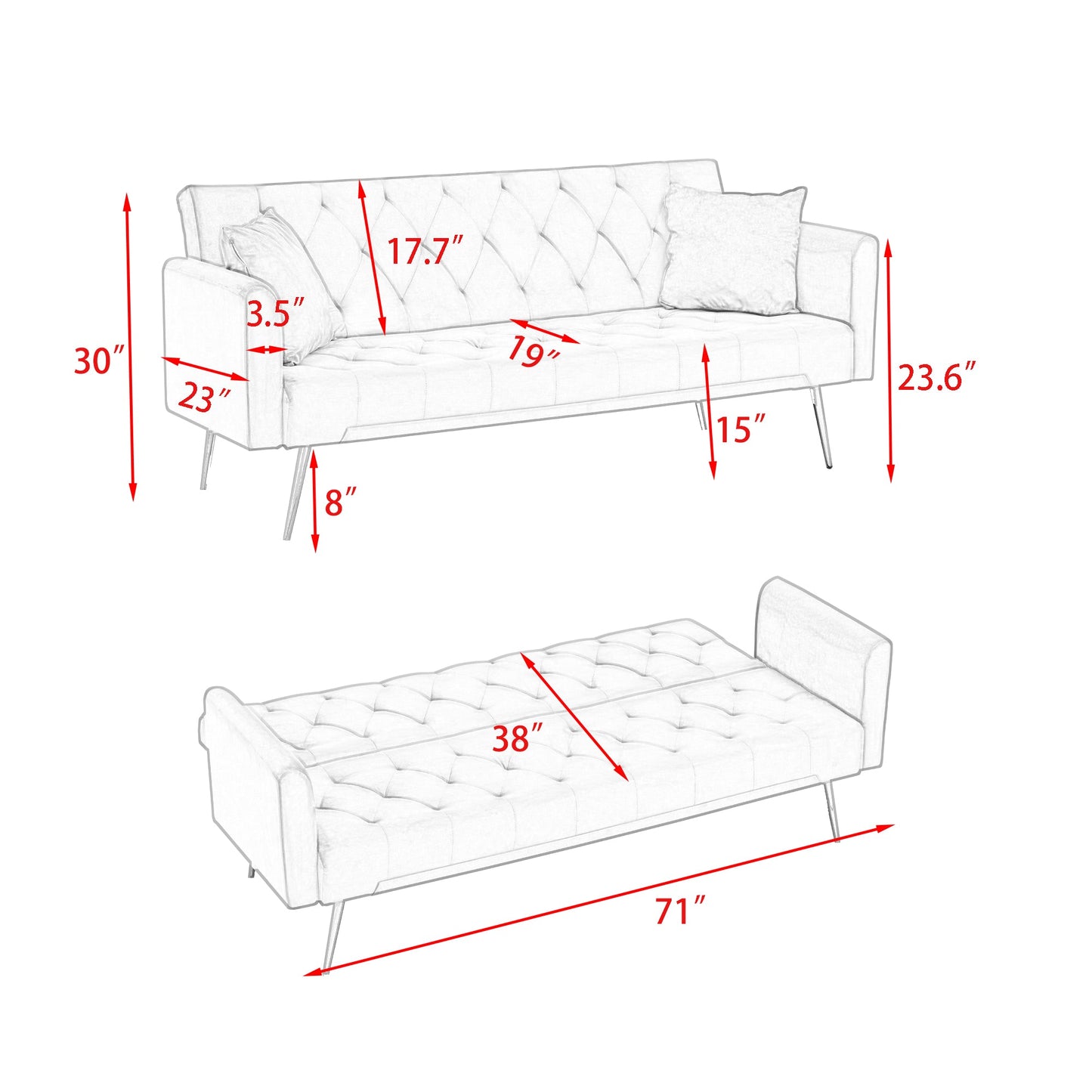 71-inch Foldable Double Sofa with American Retro Style