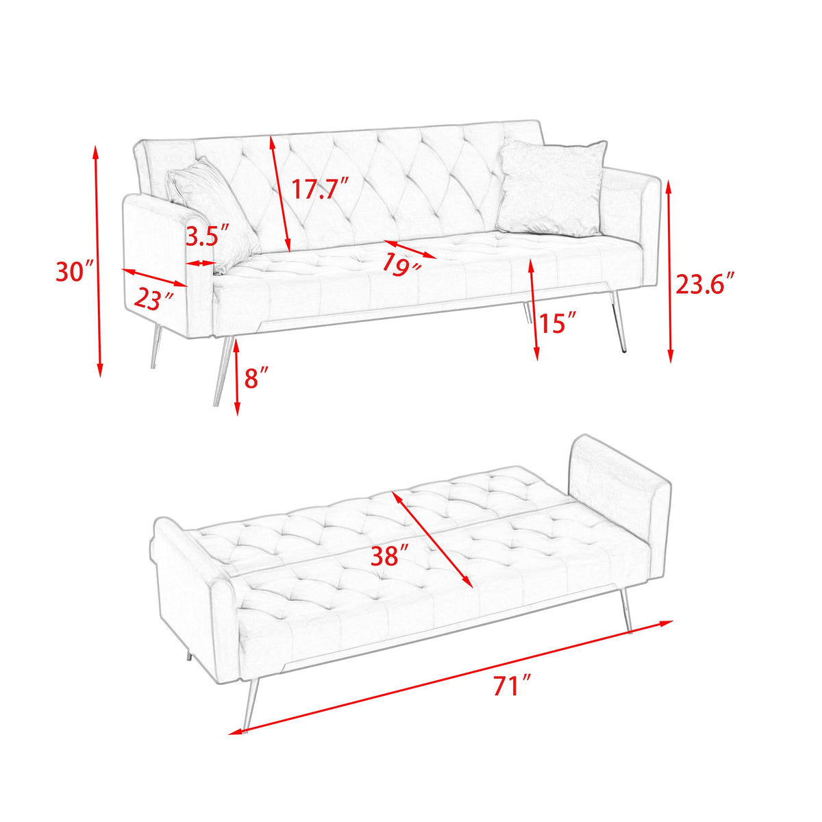 71-inch Foldable Double Sofa with American Retro Style