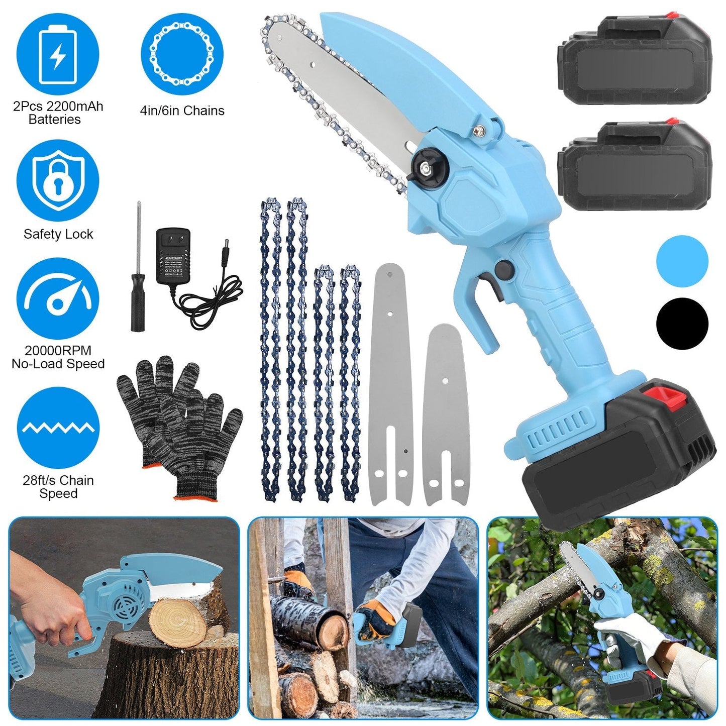 Electric Mini Chainsaw Portable Handheld Cordless Small Chain Saw Battery Powered with 2Pcs 2200mAh Rechargeable Batteries 4in/6in Chains for Pruning