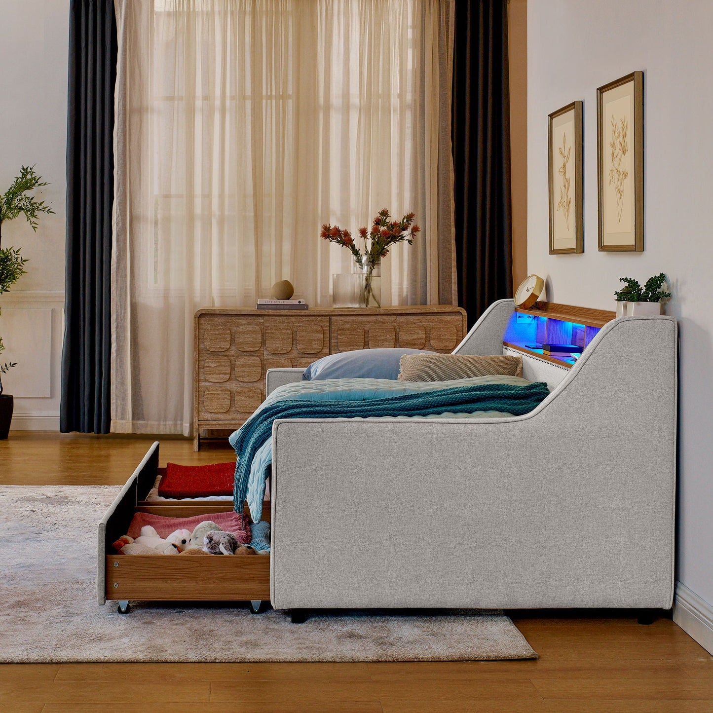 Twin Upholstered Sofa Bed With LED Lights, Storage Drawers, Adjustable Headboard & Wireless Charging - Beige