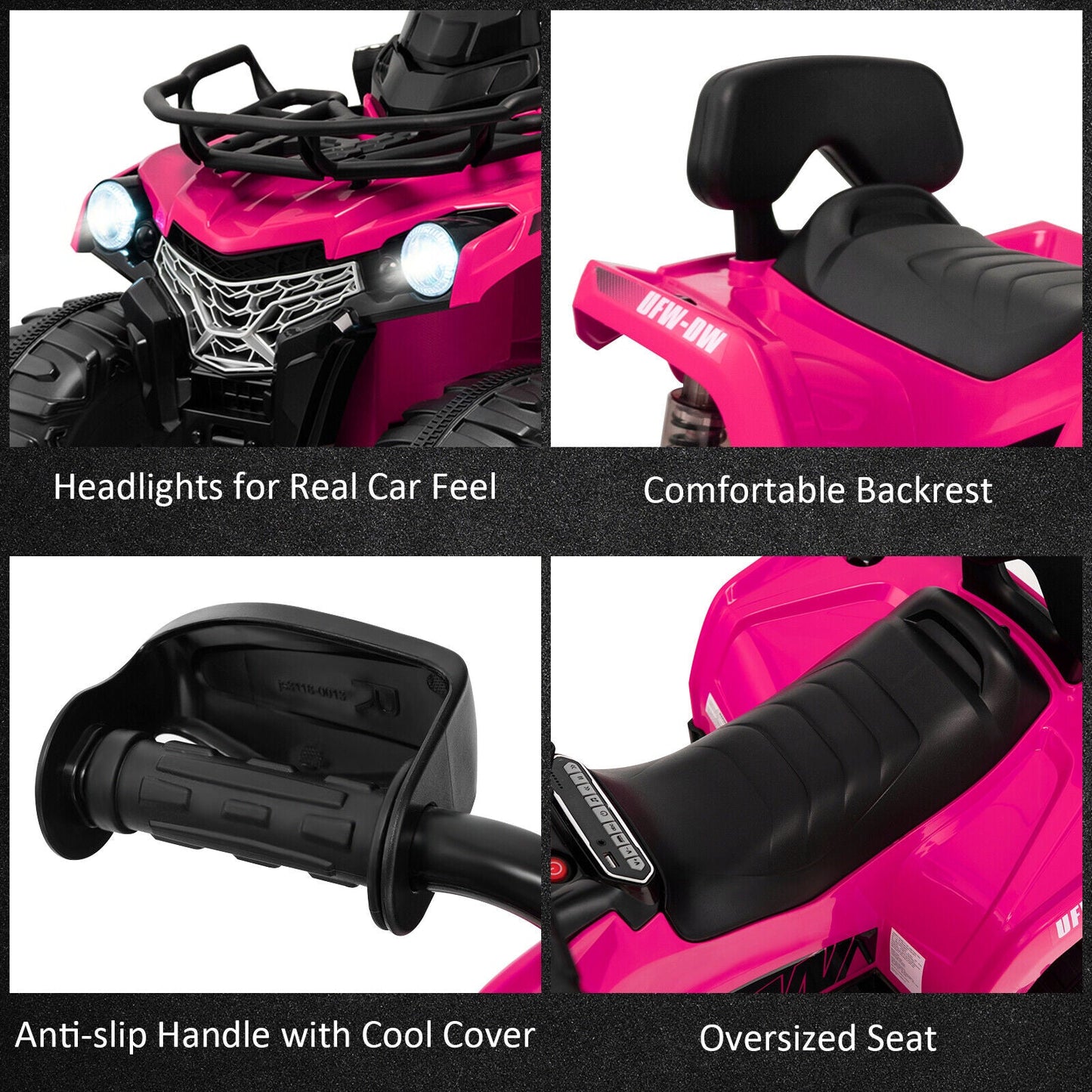 Electric 4-Wheeler Quad for Kids with 2 Speeds, Mp3 Player, and Headlights - Pink