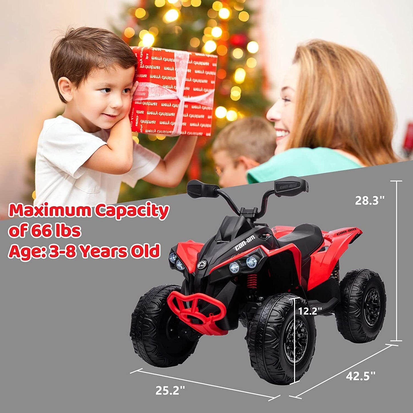 Electric Ride-On ATV Quad Car for Kids with MP3 Player and 4WD - Red