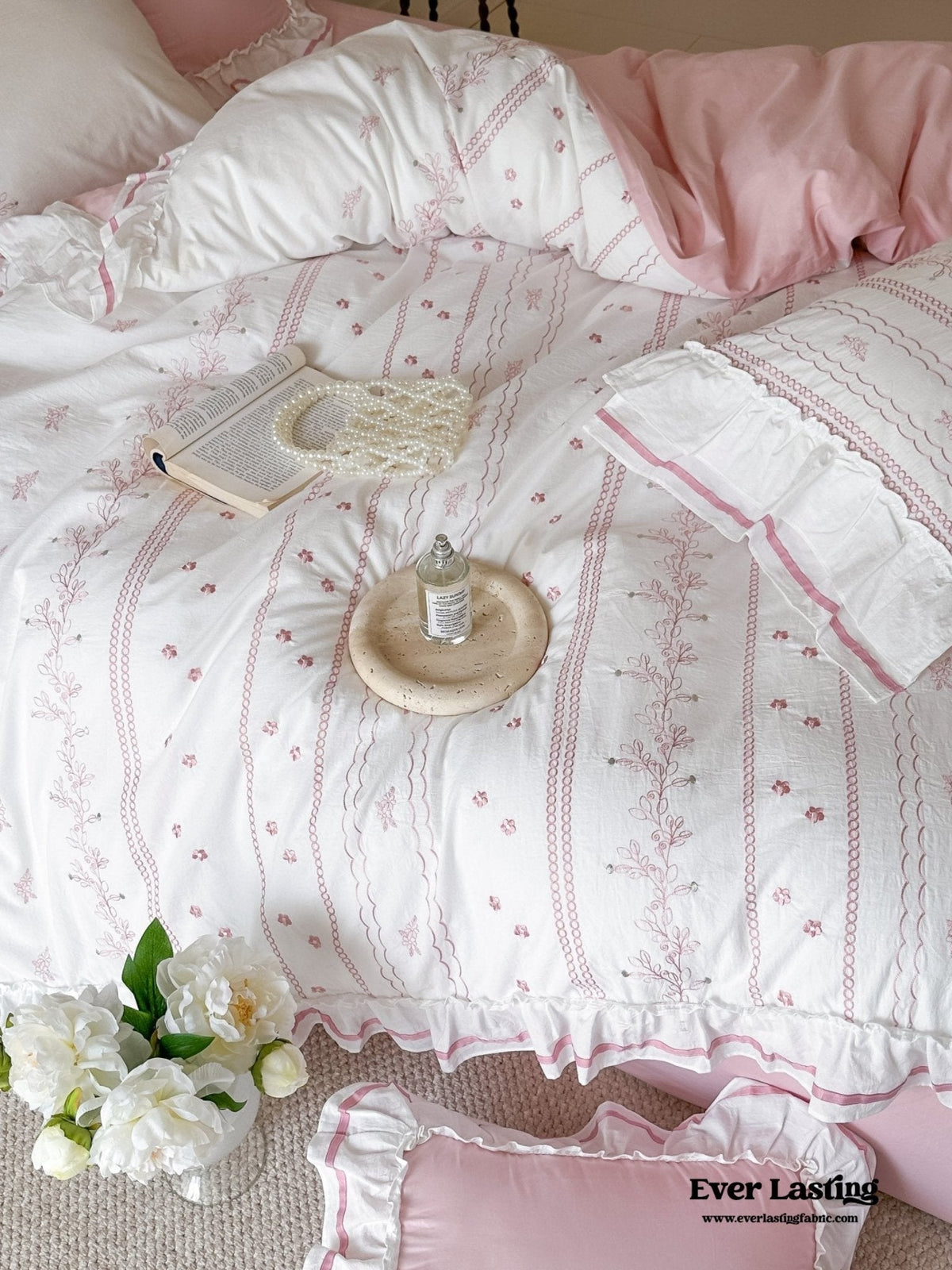 Embroidered French Lace Ruffle Duvet Cover / Blue