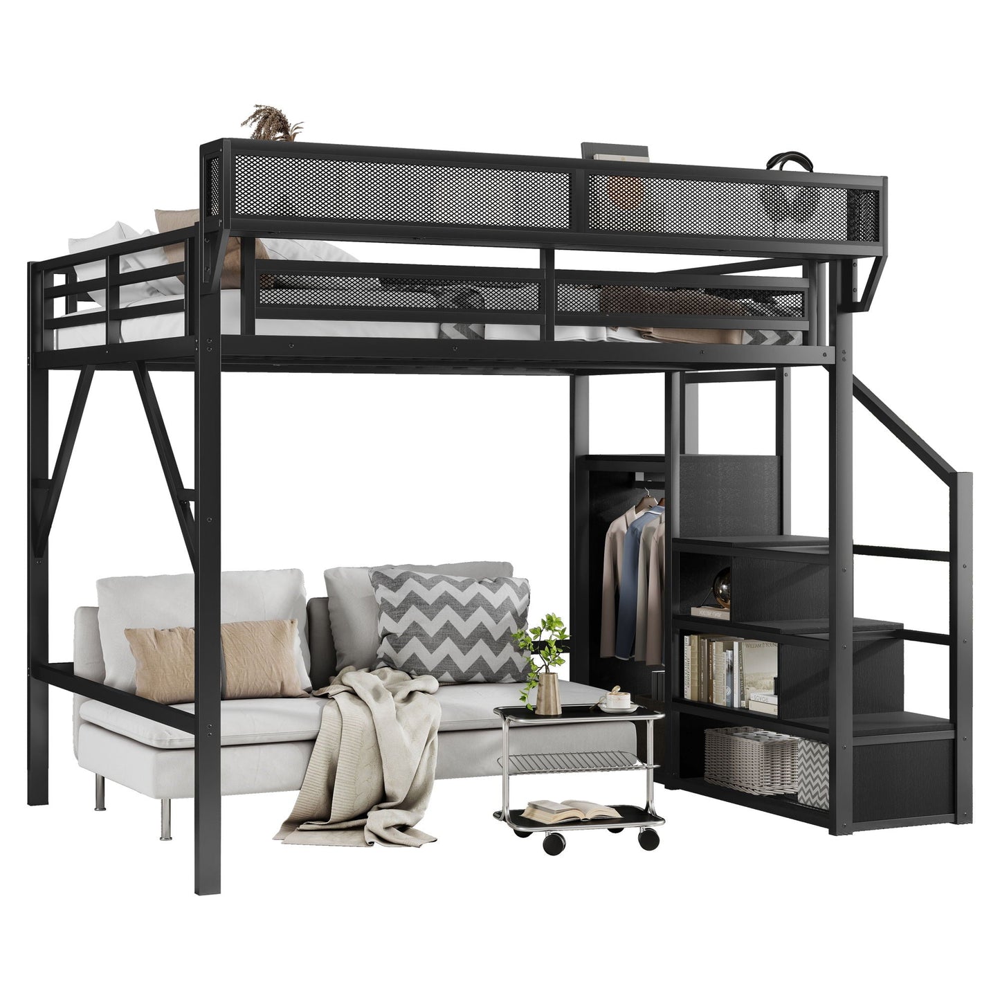 Queen Size Loft Bed With Stairs, Storage Shelves, Wardrobe - Black