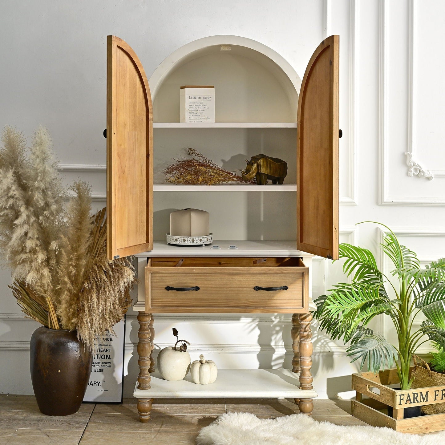 Arched Flower Carved Door Accent Sideboard Cabinet With 1 Drawer And Shelf, Cabinet For Kitchen - Natural / White