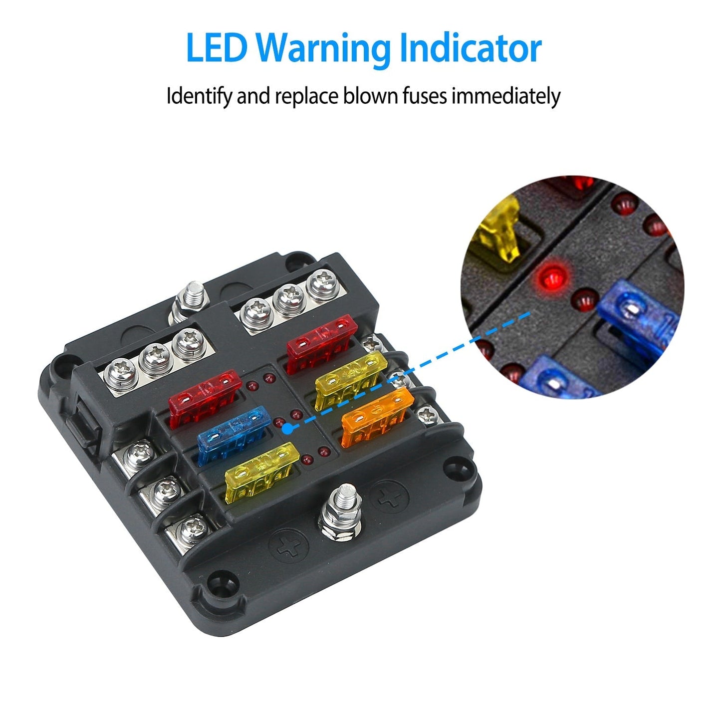 6-Way Fuse Box Holder w/ LED Indicator 6 Circuit Blade Fuse Block Sticker Label For 12-32V Automotive Boat Car SUV Marine