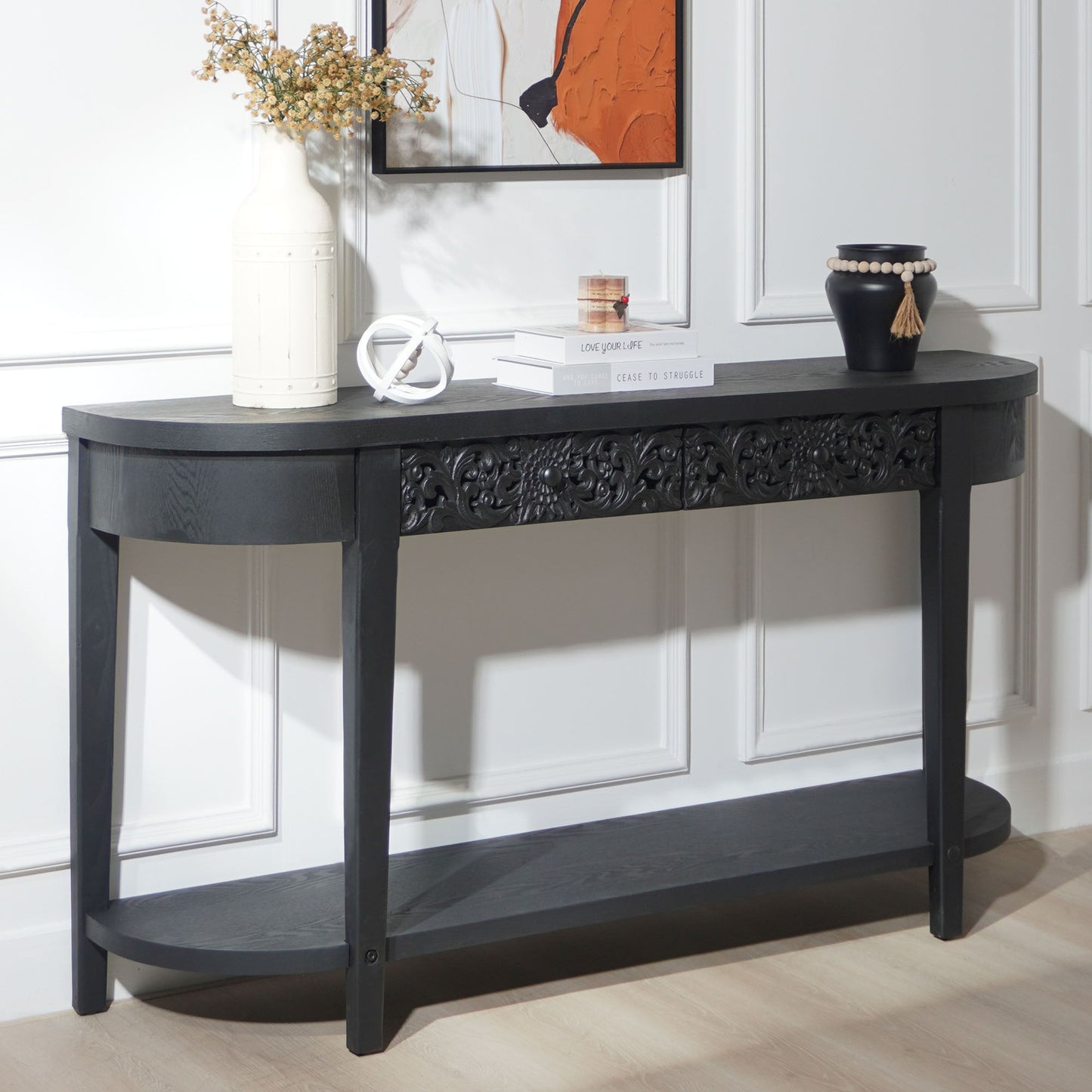 Carved Console Table With Storage Shelf For Living Room - Black