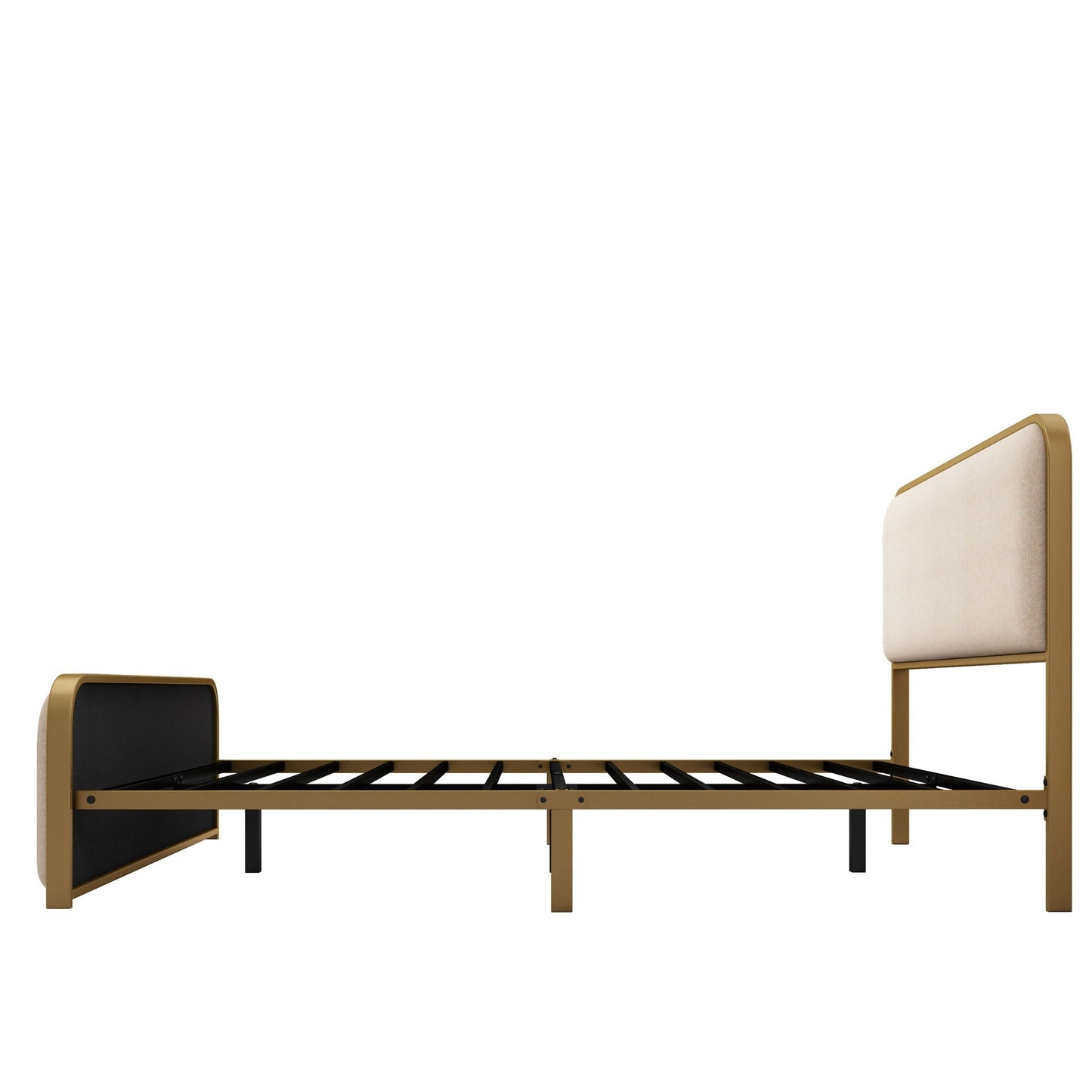 Queen Size Bed Frame With Curved Upholstered Headboard And Footboard - Beige / Gold