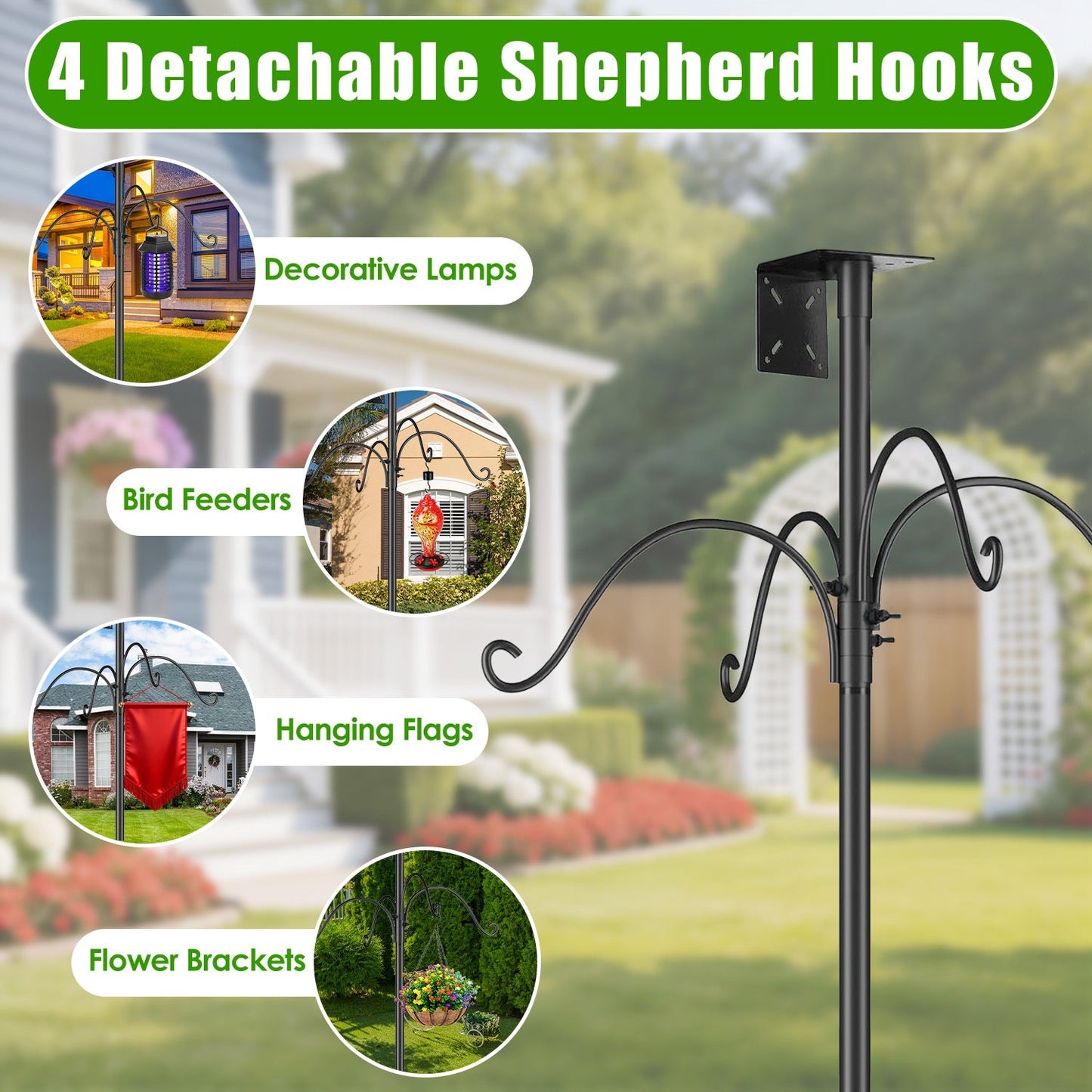 94Inch Squirrel Proof Bird Feeder Pole Heavy-Duty Bird House Pole Outdoor Bird Feeding Station with 5 Adjustable Heights 4 Shepherd Hooks Top & Side