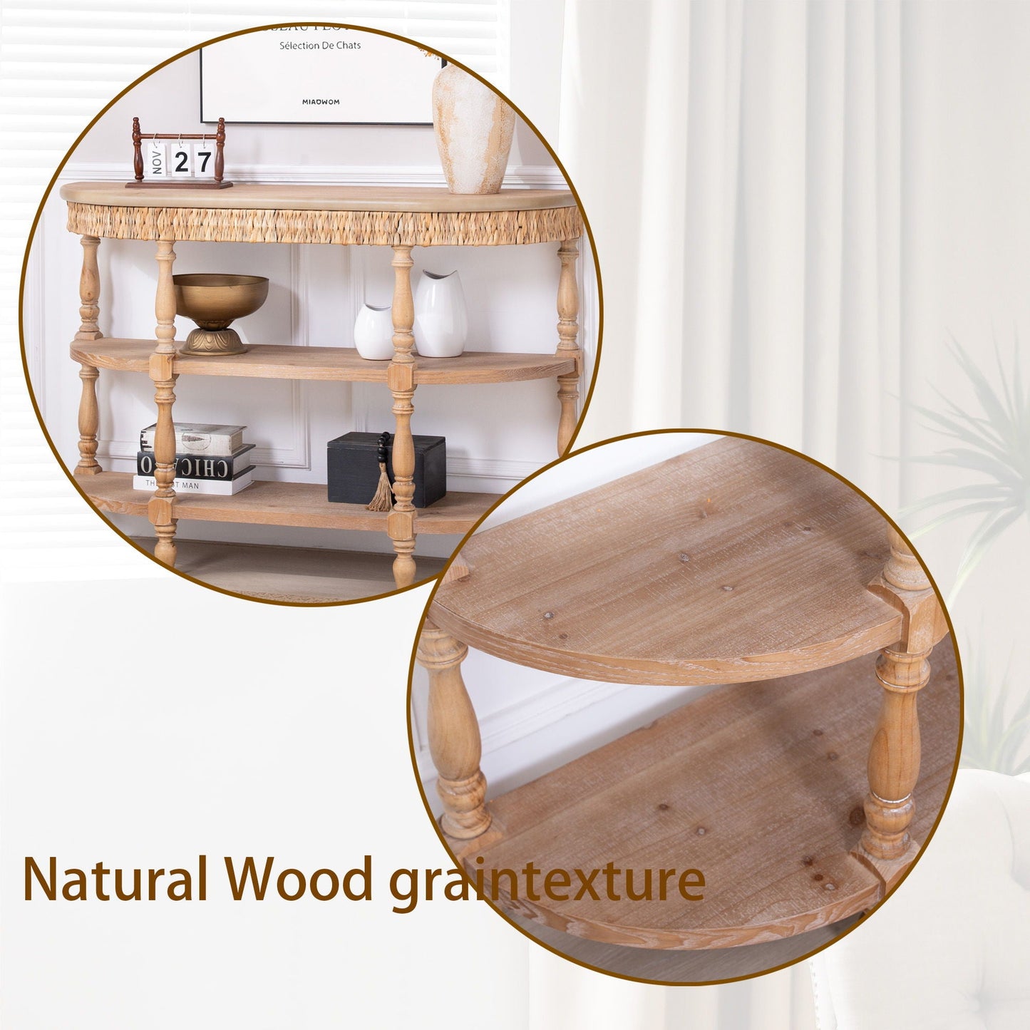Handcrafted Console Table With Hand Woven Trim, 3 Tier Storage Shelves - Natural