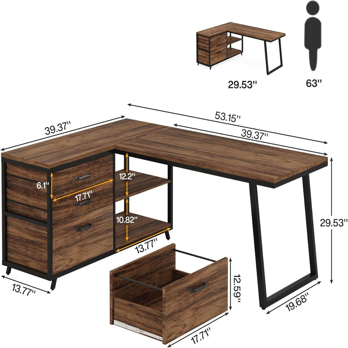 L-Shaped Computer Desk With 3 Drawers and Storage Shelves