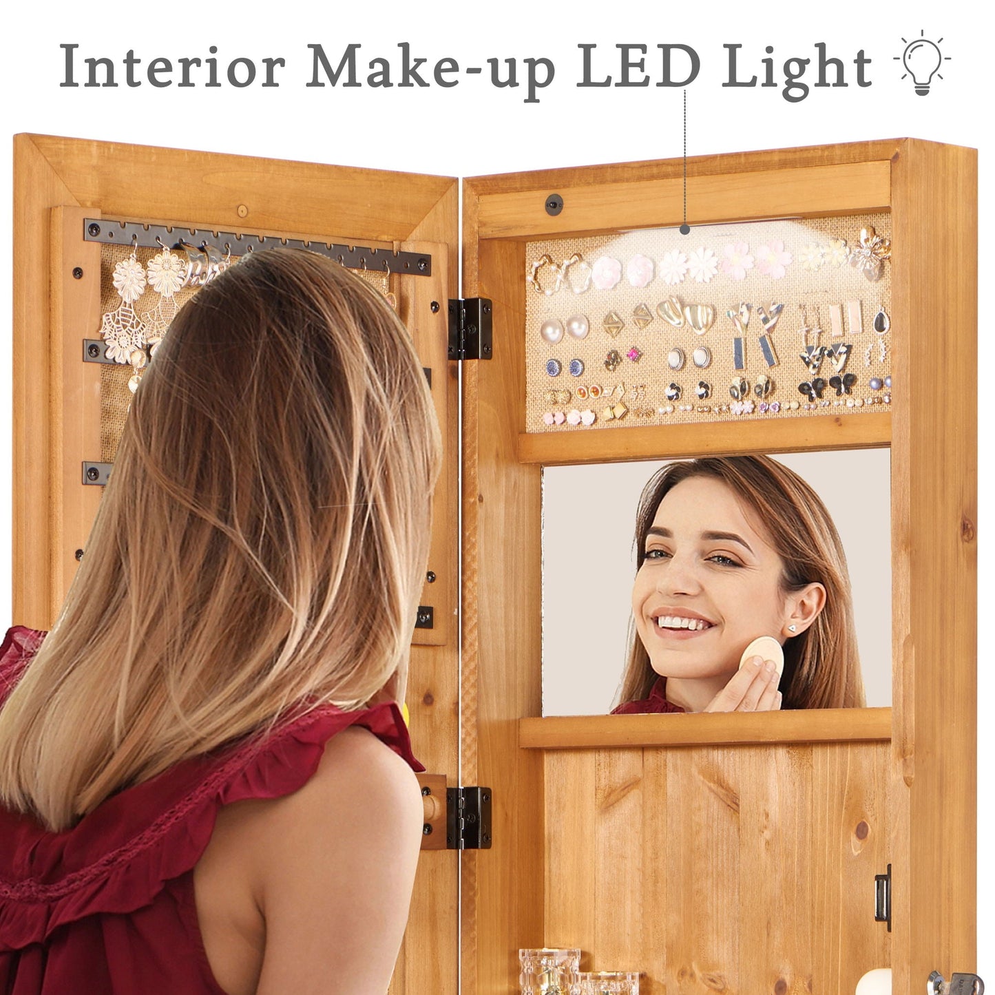 Jewelry Armoire Organizer With Full Length Mirror, Wall Mounted Lockable Cabinet With LED Light