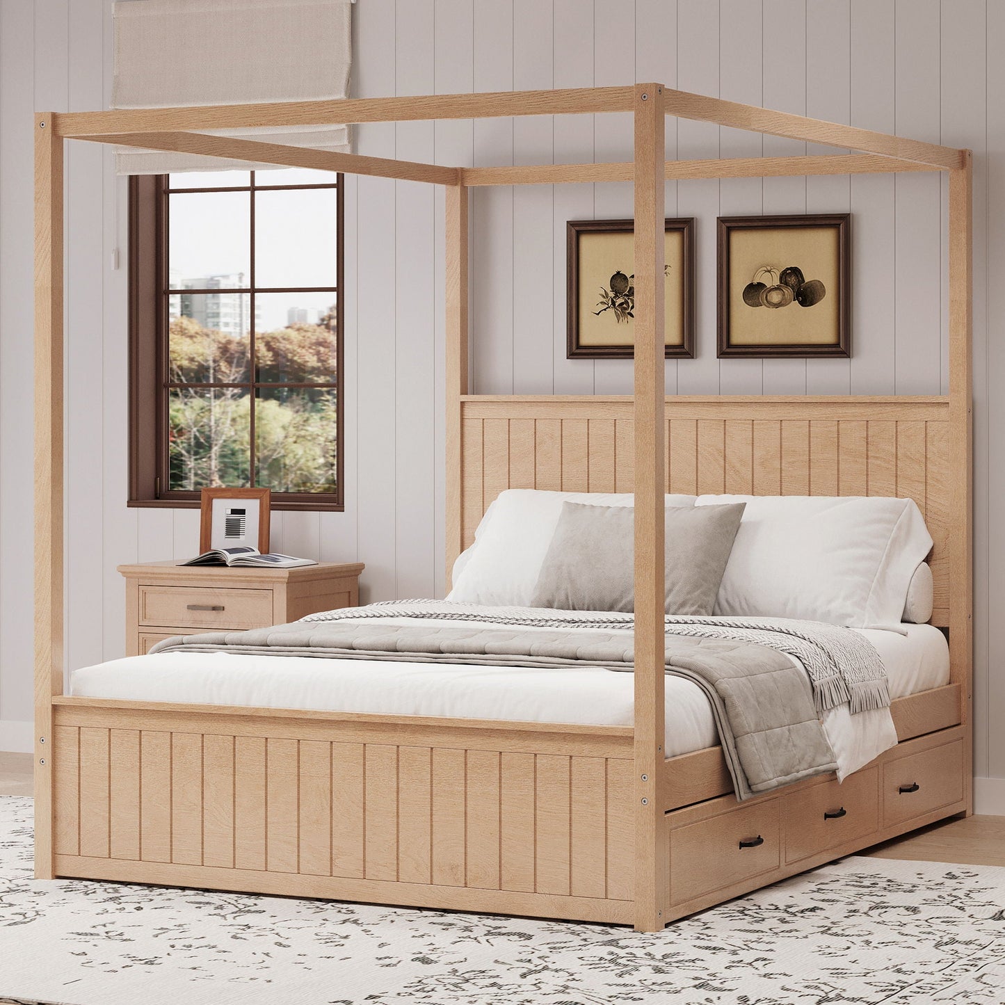 Queen Size Canopy Platform Bed With Trundle And 3 Storage Drawers, 4 Post, No Box Spring Needed - Natural
