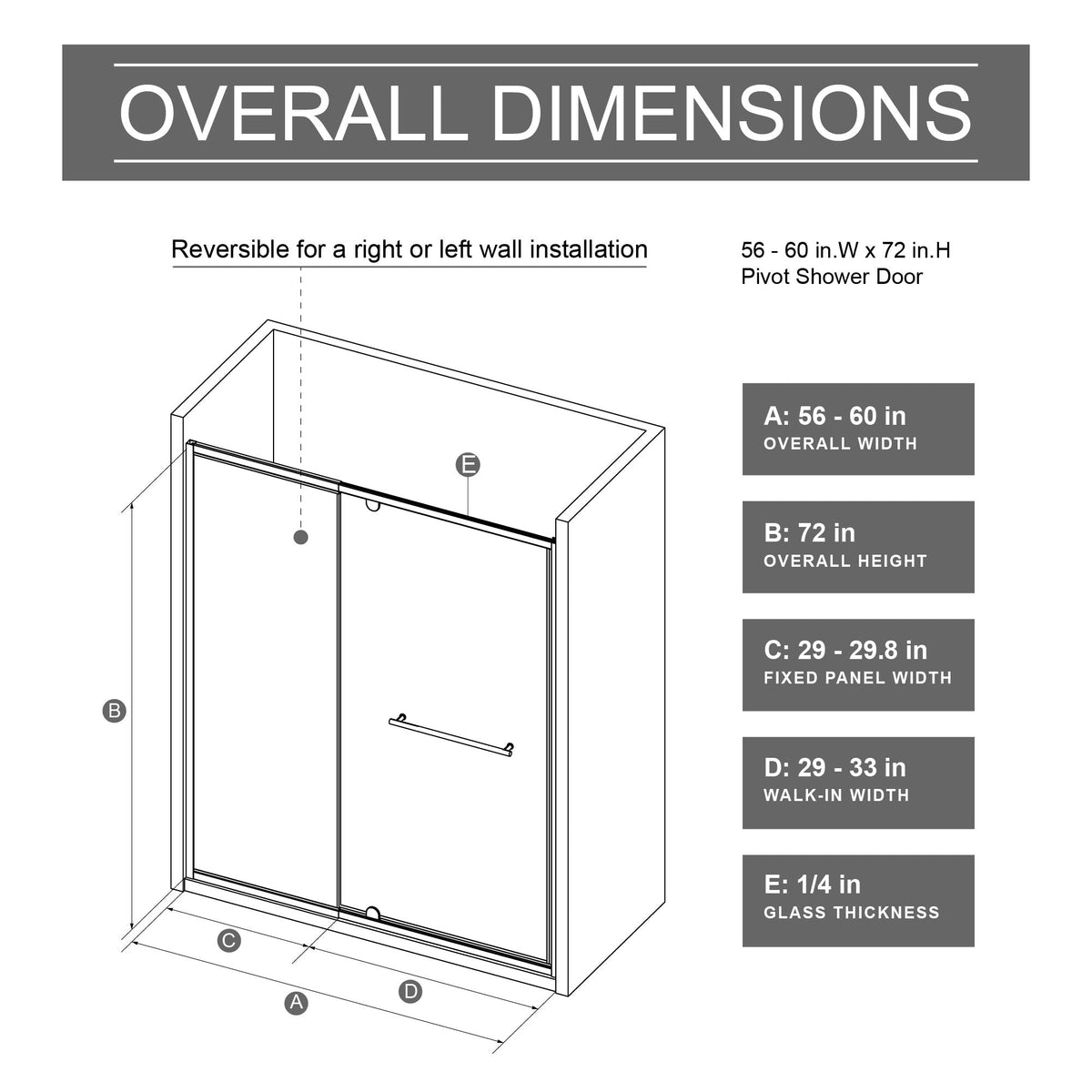 Pivot Shower Door With Handle, 1 / 4" Thick - Chrome