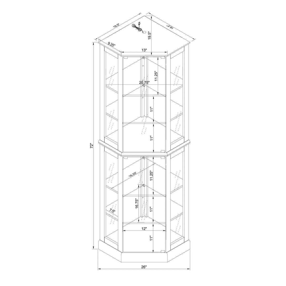6 Shelf Corner Curio Display Cabinet With Lights, Mirrors And Adjustable Shelves
