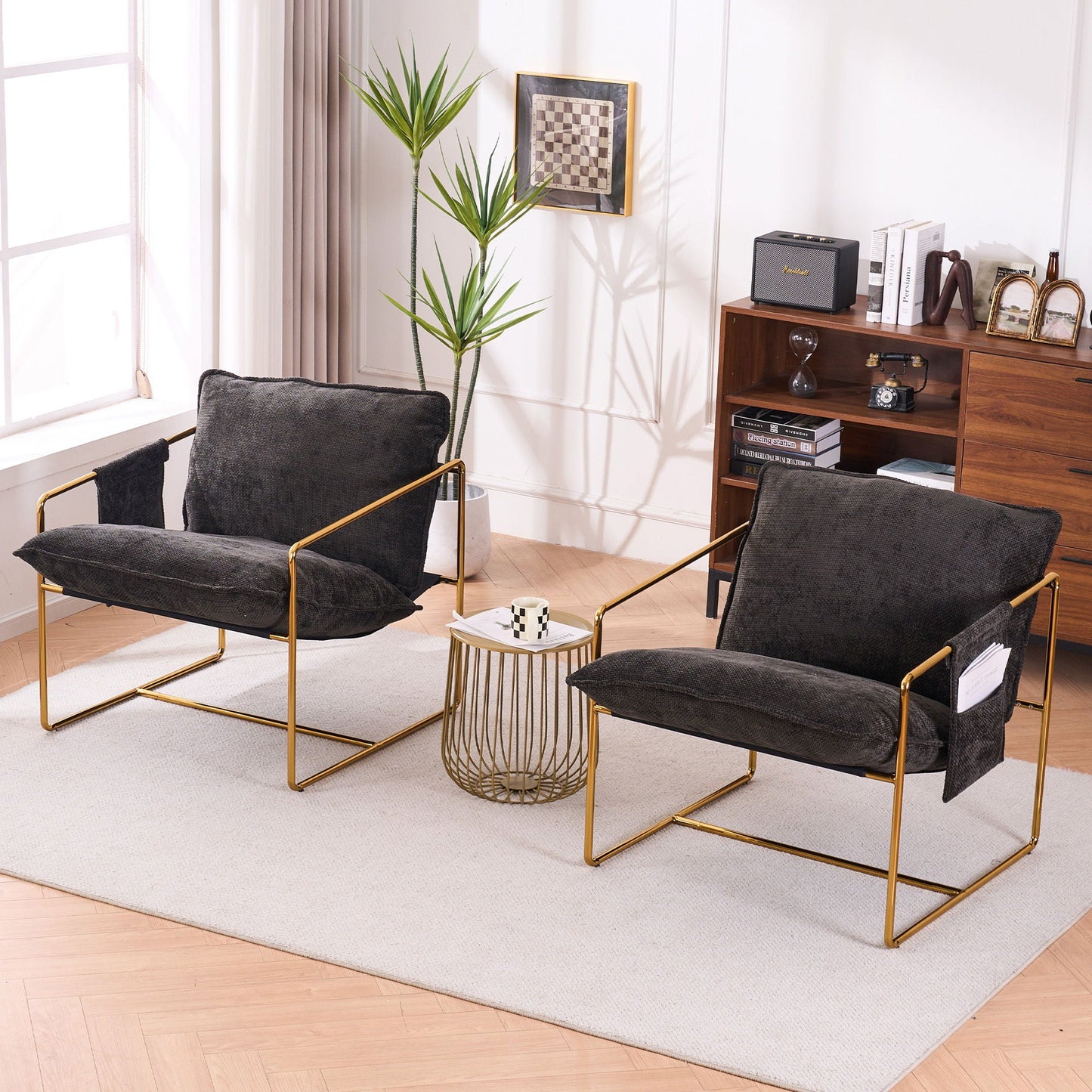 Upholstered Hanging Armchair With Arm Pocketsmetal Frame (Set of 2), Plated Craftsmanship, Crushed Foam Cushions And Skin-Friendly Woven Fabric For Living Room And Bedroom