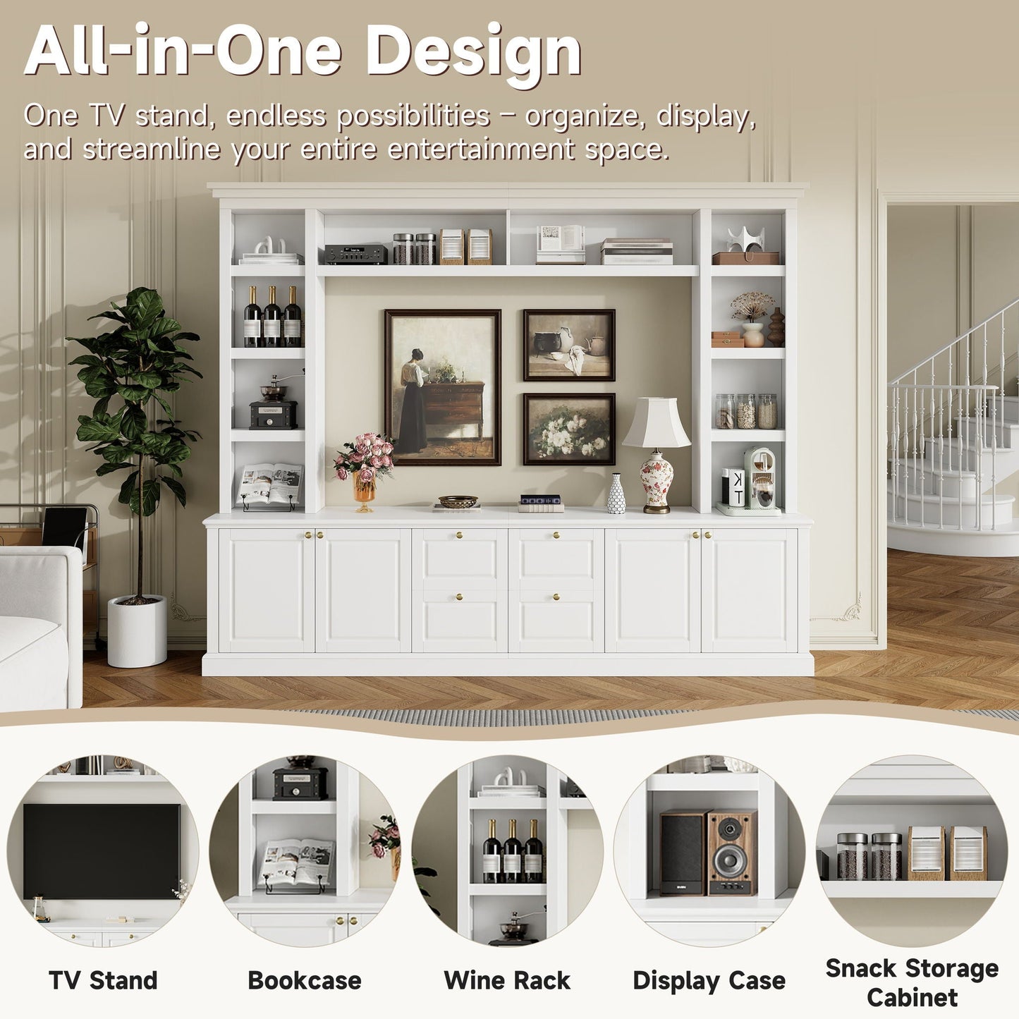 TV Stand With Bookcase, Storage Cabinet With 3 Adjustable Shelves, Living Room Entertainment Center - White