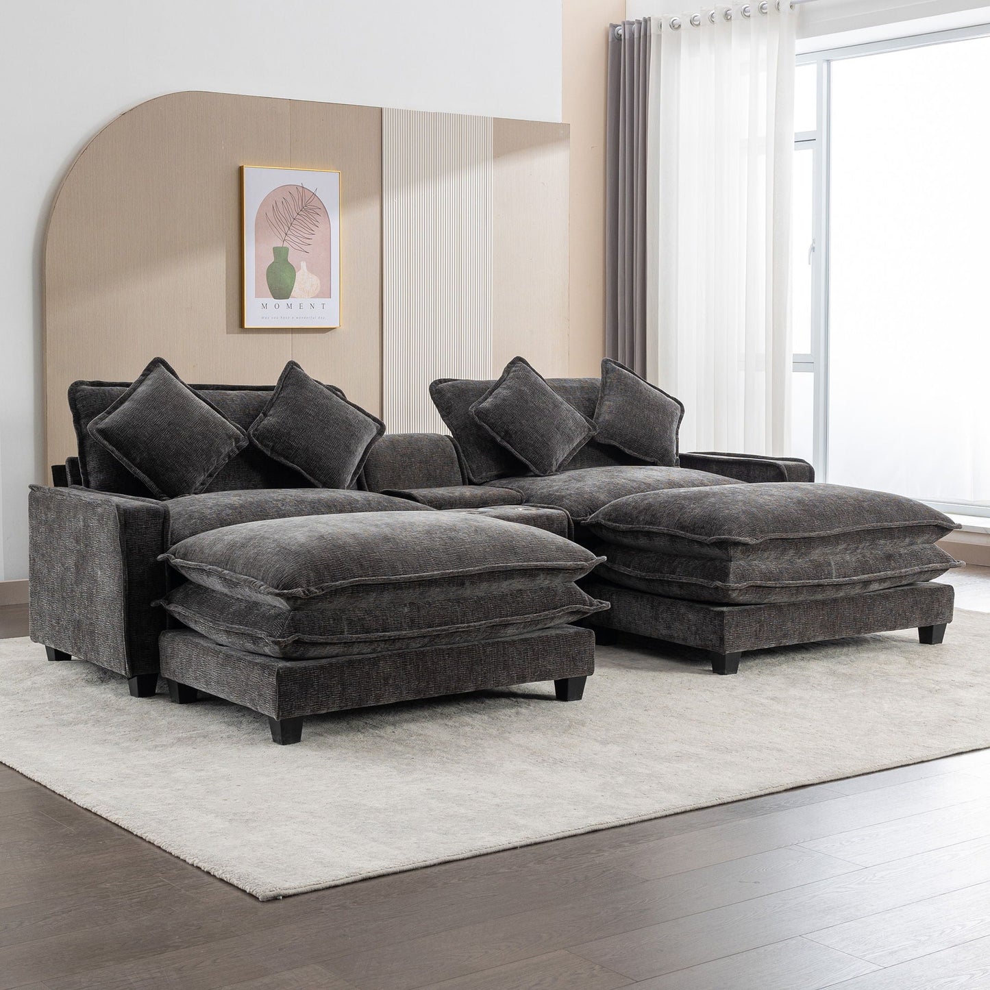 Modern Sectional Sofa With Removable Ottomans, USB Ports