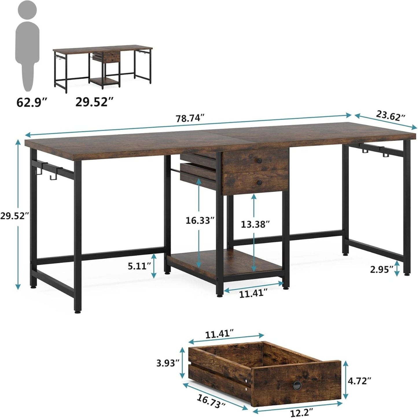 2 Person Computer Desk With Drawers And Shelves, Extra Long Double Workstation
