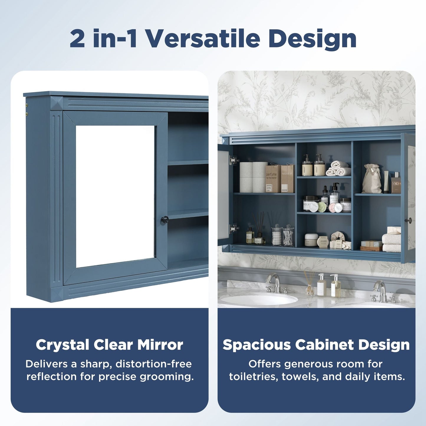 Modern Wall-Mount 2 In 1 Mirror Cabinet With Adjustable Shelves, Soft-Closing Hinges