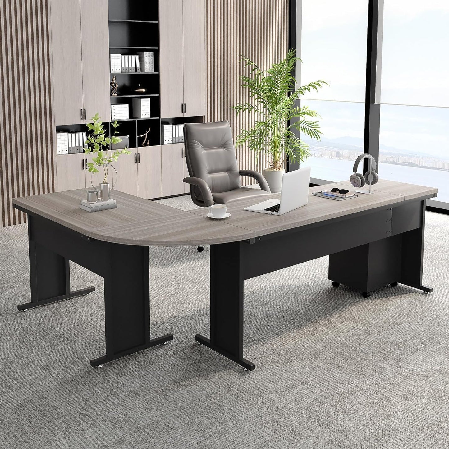 L-Shaped Executive Desk With Reversible Design, 3 Drawer Mobile File Cabinet For Home Office Workstation - Gray / Black