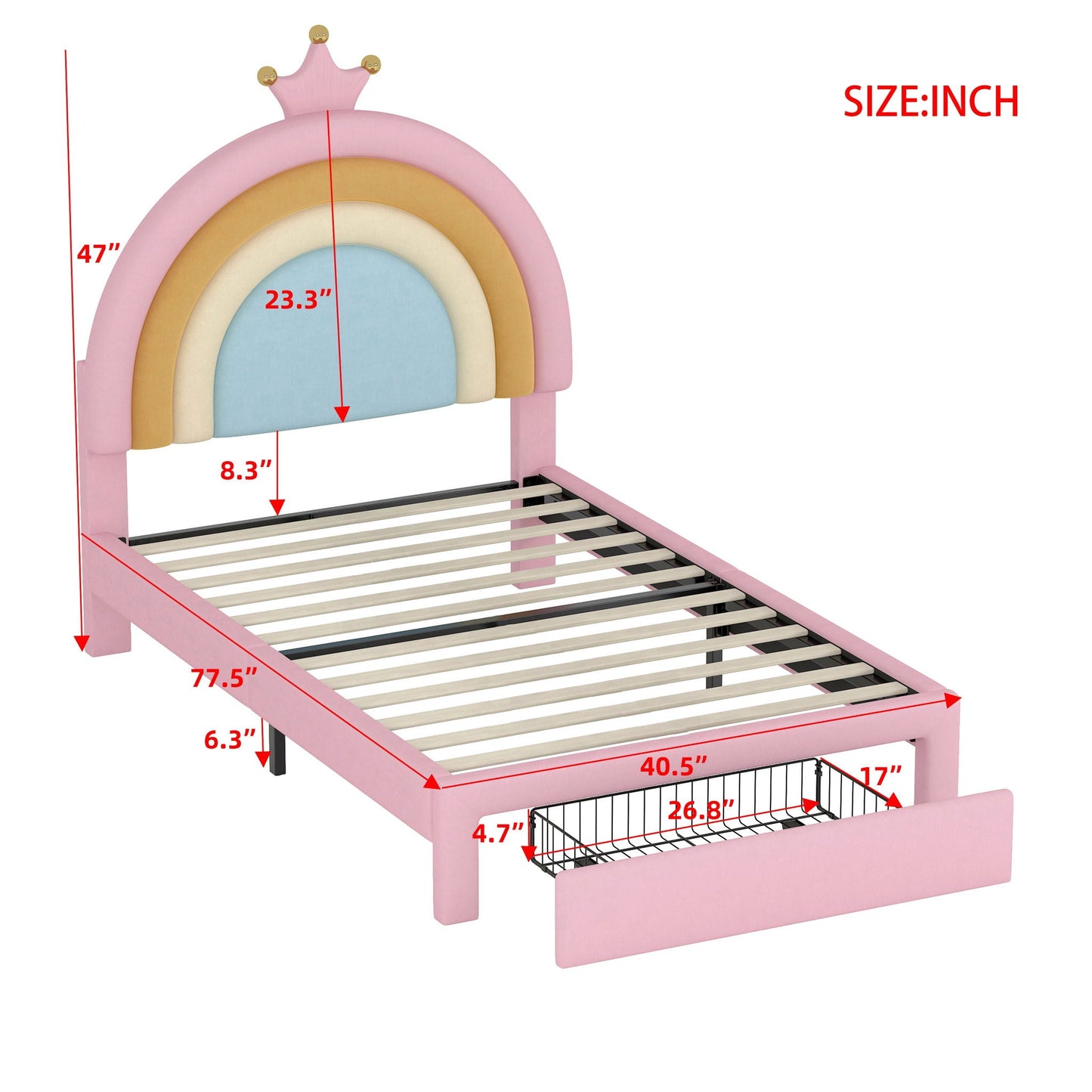 Upholstered Rainbow Design Bed, Princess Platform Bed With Storage Drawer