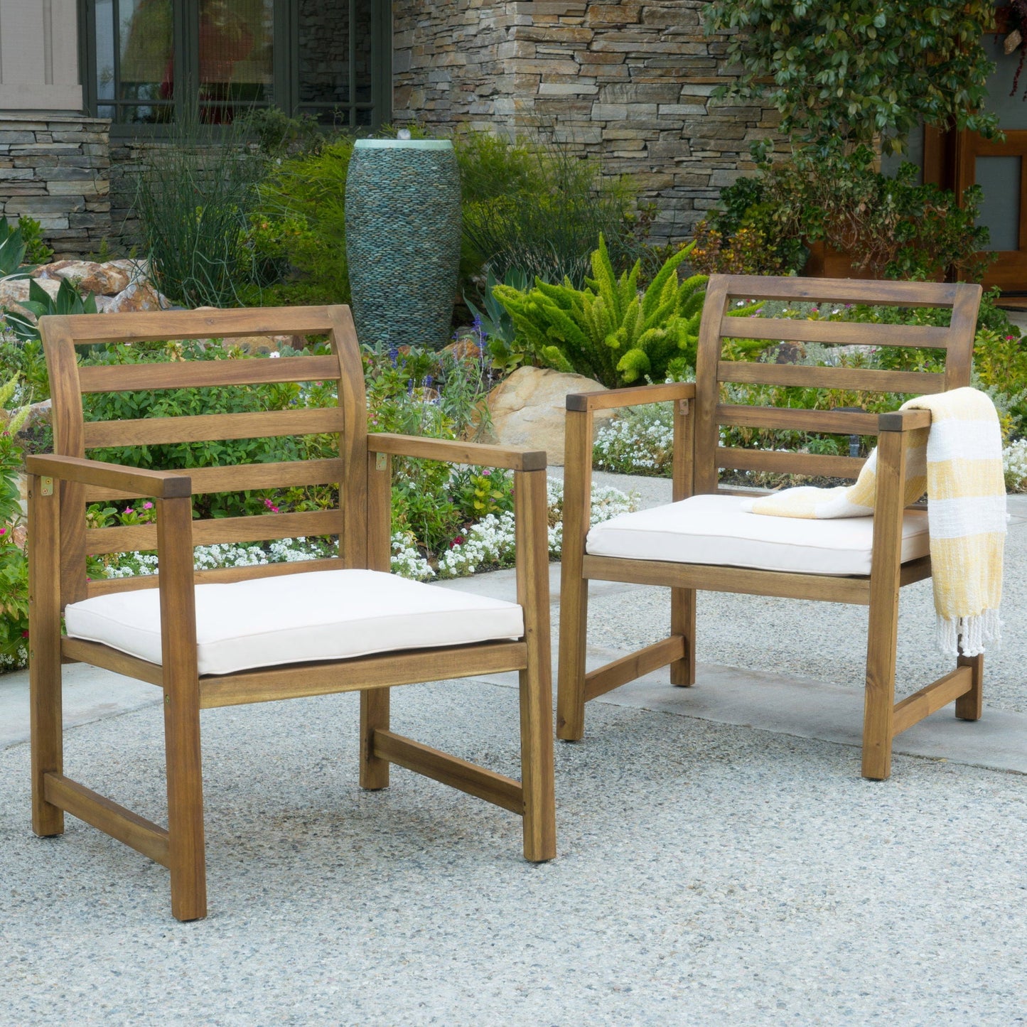 Outdoor Acacia Wood Club Chairs, 2-Piece Set - Natural Stained / White