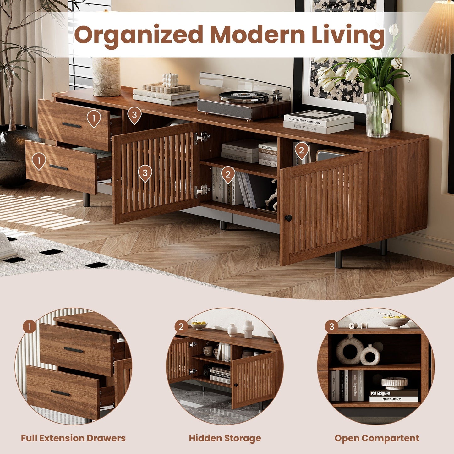 78" TV Stand For TVs Up To 85" Entertainment Center With Deep Drawers & Cable Management, Soft Closing Hinges - Walnut
