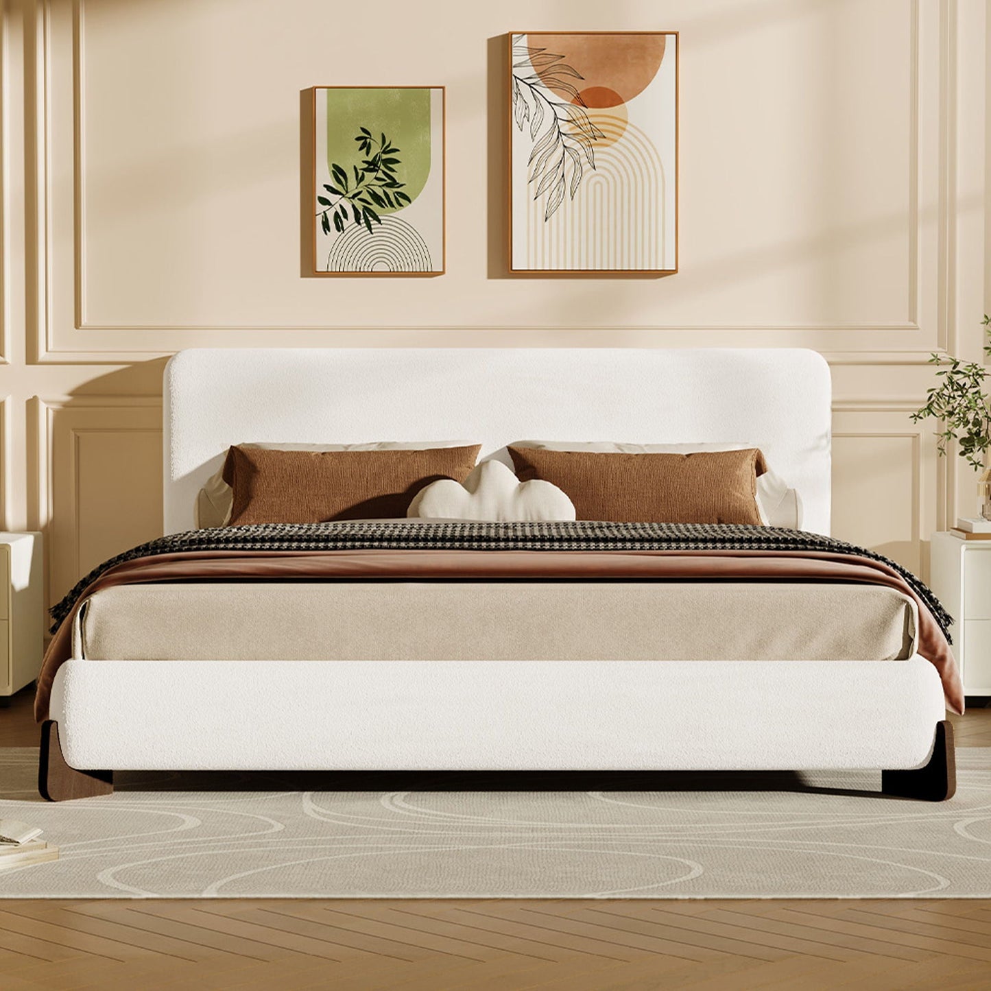 Elegant Boucle Upholstered Bed With Solid Wood Legs