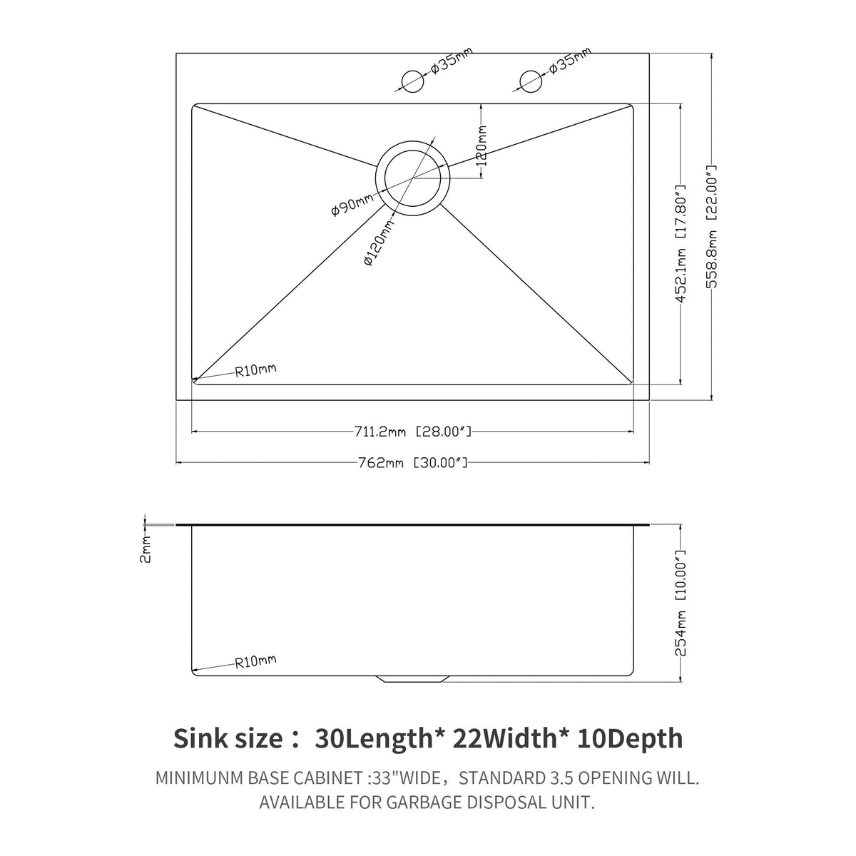 Drop In Kitchen Sink, 16 Gauge Stainless Steel, Single Bowl, Topmount Basin
