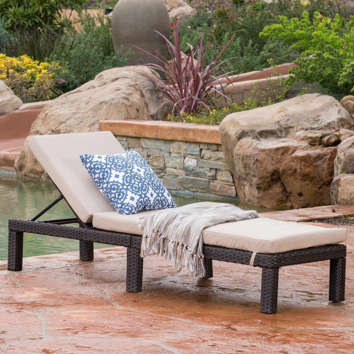 Puerta Chaise Lounge Frame Cushion Outdoor Wicker Iron - Beige / Dark Brown