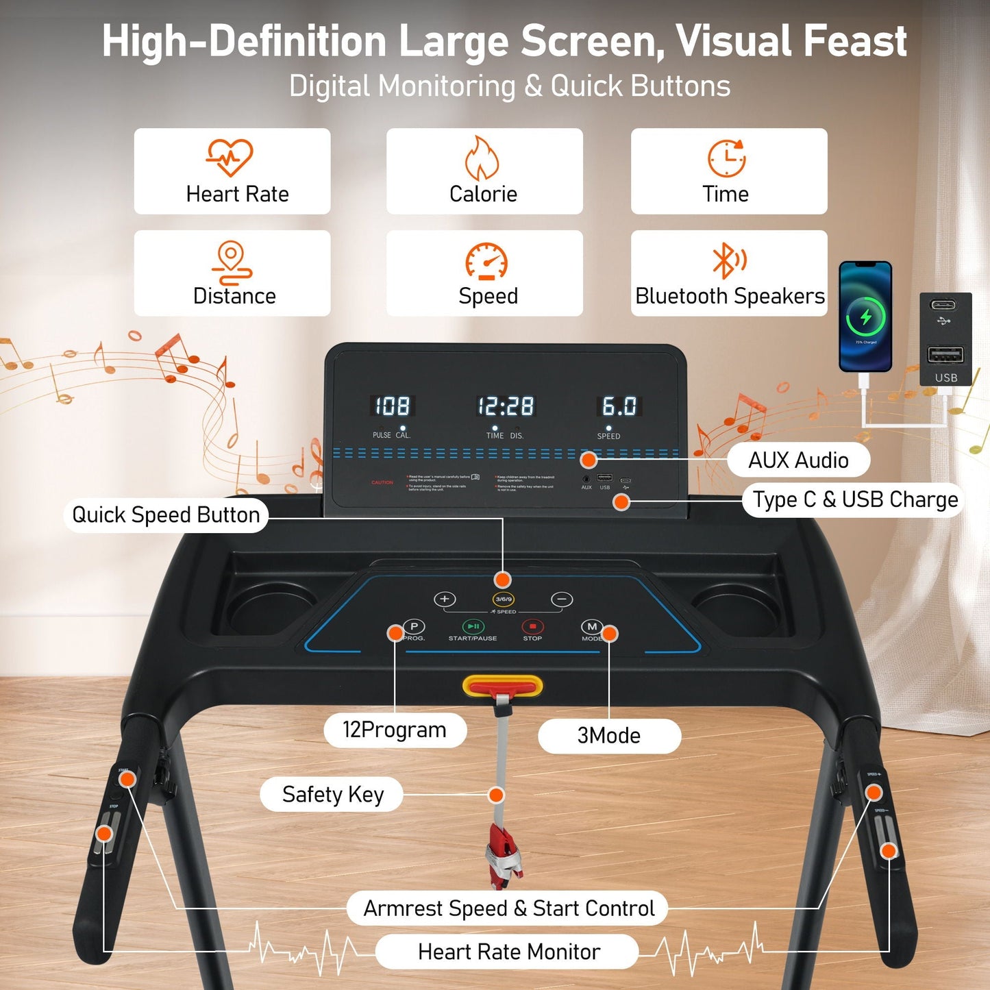 Folding Treadmill for Home, 3.0HP Portable with Bluetooth and Incline